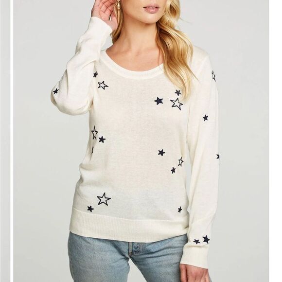 NWT Chaser Embroidery Stars Long Sleeve Crewneck Cashmere Sweater Ivory Small - Picture 14 of 14